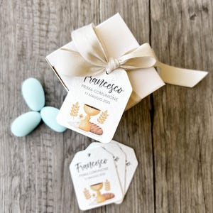Tags for First Communion, Confirmation with Chalice and Bread graphics, personalized tags, confetti cards, thank you cards