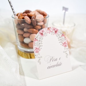 Cartellino per confettata forma ad arco, segnagusto confettata, cartellino stand alone, segnagusto per confettata ad arco con fiori