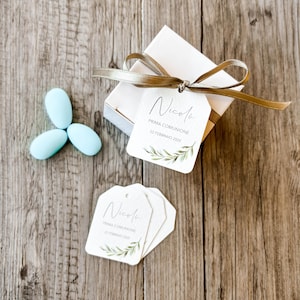 Tags for First Communion, Confirmation with Olive Branch graphics, personalized tags, confetti cards, thank you cards