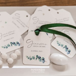 Tag per Prima Comunione, Cresima con grafica eucalipto, tag personalizzate, biglietti per confetti, biglietti di ringraziamento