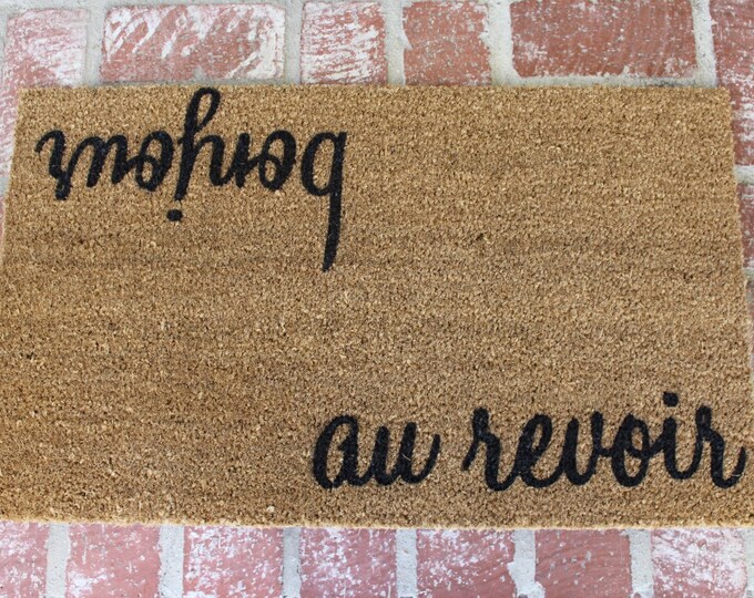 Bonjour/ Au Revoir Doormat, 18x30 Outdoor Mat, Flocked Doormat