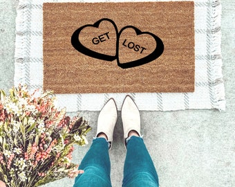 Get lost doormat, Funny Doormat, funny doormats, conversation hearts, heart doormat, get lost, welcome mat, funny welcome mat, valentines