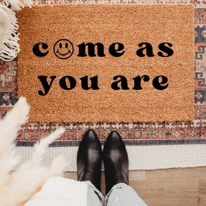 Smiley Face Come As You Are Coir Doormat: Boho Welcome Mat
