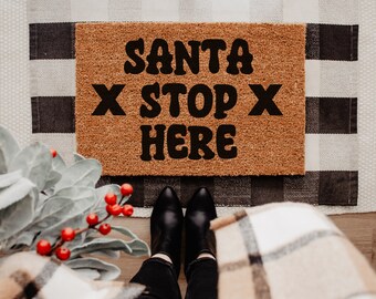 Santa Stop Here Christmas Doormat, Doormat, Cute Christmas Door Mats, Home Decor, doormats, welcome mat, custom doormat, Holiday Winter Mat