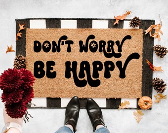 Don't worry be happy Doormat, Funny Doormat, Hippie Decor, Home Decor, doormats, welcome mat, Cute Retro Doormat, custom doormat