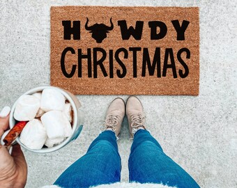 Howdy Christmas Cow doormat, Funny Doormat, funny mats, Cute Christmas Welcome Mat, doormats, door mat, welcome mat, custom doormat,