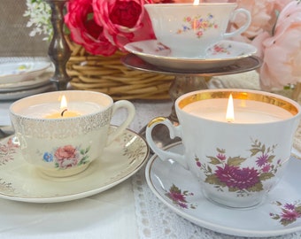 Mismatched Teacup Candles with Saucer,Vintage China, Wedding Candle Favors,Scented Candle,Baby Shower favors,Unique  Candle Gift