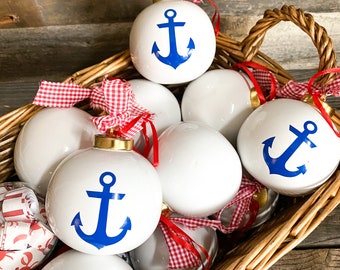 Anchor Ornament-Nautical Ornament-Large Ball Ornament,Porcelain Ornament-Nautical Christmas, Coastal Christmas, Free Shipping!