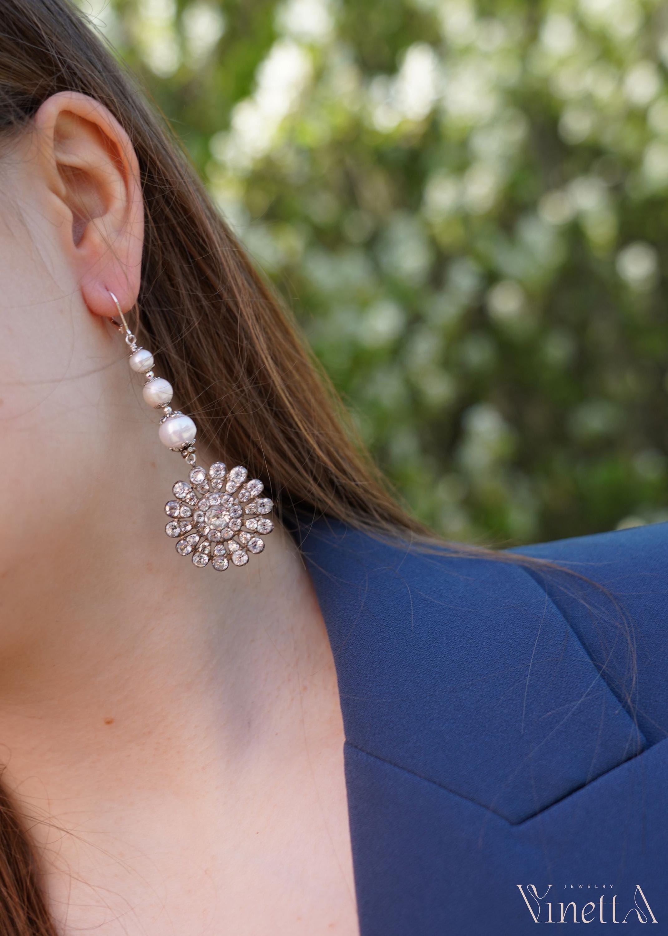 Boucles D'oreilles Longues Percées - Style Victorien Argent Vieilli - Occasion En Parfait état