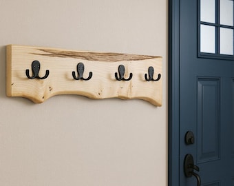 Live Edge Wood Coat Rack: Rustic Farmhouse Wall Mounted Hat Rack