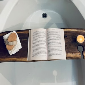 Live Edge Bath Caddy for Her - Wooden Bathtub Tray, Rustic Bath Tray with Wine Glass Holder, Spa Gift for Her, Live Edge Bath Caddy