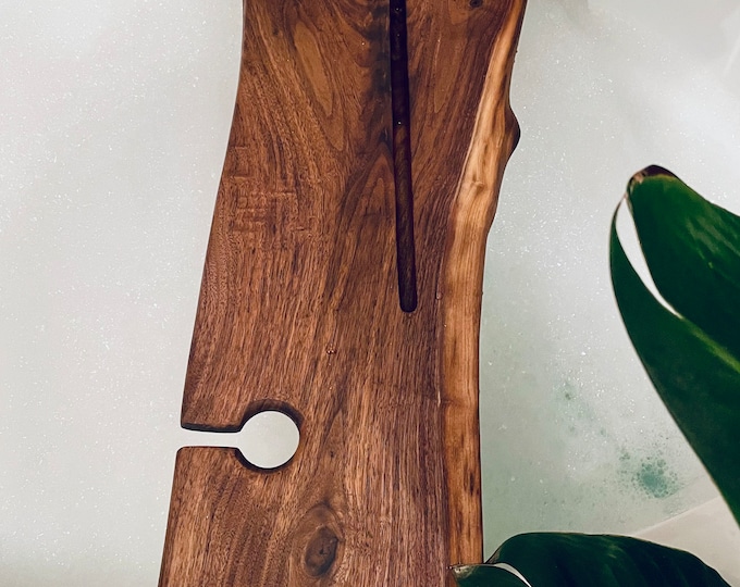 Live Edge Bath Caddy for Her - Wooden Bathtub Tray - Rustic Bath Tray with Wine Glass Holder - Spa Gift for Her - Live Edge Bath Caddy