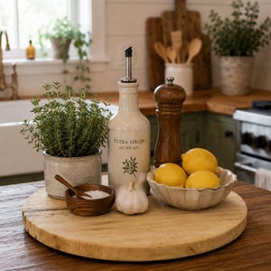 May include: A round wooden serving board holding a ceramic olive oil bottle with a metal pourer, a wooden pepper mill, a small bowl of salt with a wooden spoon, a garlic bulb, a bowl of three yellow lemons, and a potted green herb plant.