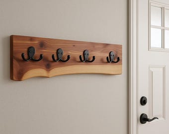 Live Edge Wood Coat Rack: Rustic Farmhouse Wall Mounted Hat Rack