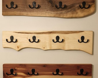 Live Edge Wood Coat Rack: Rustic Farmhouse Wall Mounted Hat Rack