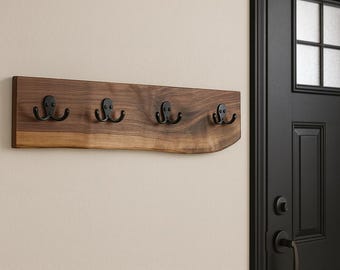 Live Edge Wood Coat Rack: Rustic Farmhouse Wall Mounted Hat Rack