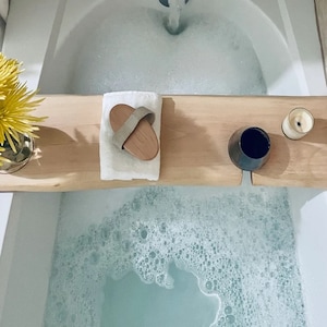 Live Edge Bath Caddy for Her - Wooden Bathtub Tray, Rustic Bath Tray with Wine Glass Holder, Spa Gift for Her, Live Edge Bath Caddy
