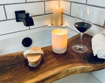 Live Edge Bath Caddy - Rustic Wooden Bathtub Tray with Wine Holder