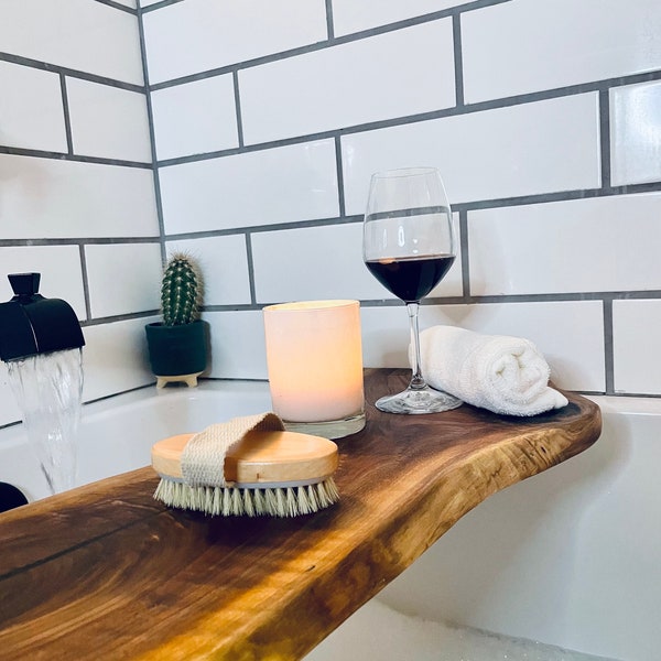 Live Edge Bath Caddy - Rustic Wooden Bathtub Tray with Wine Holder