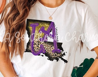 Louisiana Leopard Cheetah Unisex Bella Canvas Tee. LA Purple and Gold State Love Soft Style TShirt. Baton Rouge New Orleans Shirt.