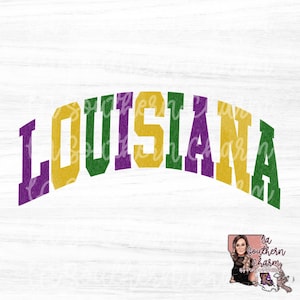 May include: A gold, green, and purple glitter-like "LOUISIANA" word art design on a white wood background.