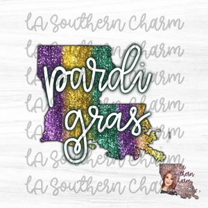 Puede incluir: Un contorno brillante del estado de Luisiana en morado, dorado y verde con las palabras "Mardi Gras" escritas en cursiva blanca.