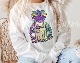 Long Sleeve Monogram Initial Mardi Gras Mask and Bead Tshirt|Mardi Gras Shirt|Mardi Gras Monogram Shirt