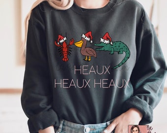 Adult Crew Sweatshirt Cajun Christmas Crawfish Pelican Alligator Louisiana Gildan | Southern Xmas Soft Crew | Gator Croc Santa Hat