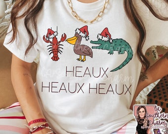 Adult Unisex Cajun Christmas Crawfish Pelican Alligator Louisiana Bella Canvas 3001 Shirt | Southern Xmas Soft TShirt | Gator Croc Santa Hat