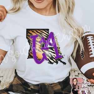 Louisiana Tiger Stripe Unisex Short Sleeve Tee. Tigers Purple and Gold Bella Canvas 3001 Tshirt.