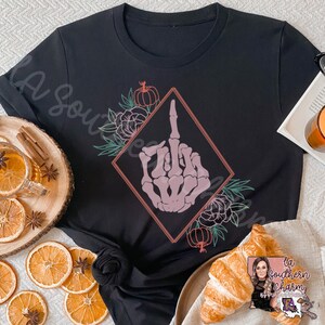 Skeleton Hand Middle Finger Floral Unisex Bella Canvas Tee| Skeleton Fall Halloween Shirt|Pumpkin Flower Gothic Humor Tshirt
