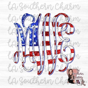 Pode incluir: Um monograma das letras "ME" em um contorno branco com um padrão de glitter vermelho, branco e azul que se assemelha à bandeira americana.