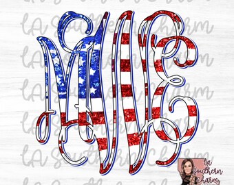 May include: A monogram of the letters "ME" in a white outline with a red, white, and blue glitter pattern resembling the American flag.