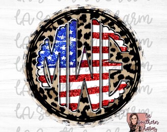 May include: A round, black and brown leopard print circle with a white outline. The circle contains a red, white, and blue American flag design with the letters "WE" in the centre. The letters are outlined in black.