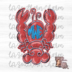 May include: Red and blue cartoon lobster with a blue circle monogram "MWE" in the centre. The lobster is outlined in black.