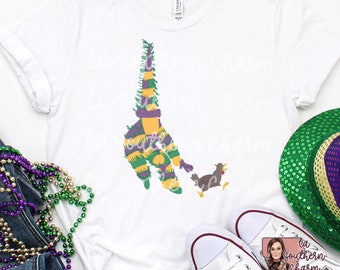 Mardi Gras Watercolor Chicken Run Unisex Bella Canvas 3001 Shirt. Chicken chase Mardi Gras parade Tshirt. Purple gold green watercolor tee.