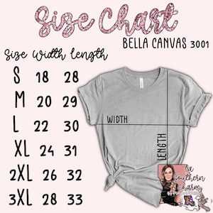 K&ouml;nnte beinhalten: Gr&ouml;&szlig;entabelle f&uuml;r Bella Canvas 3001 T-Shirts, mit den Ma&szlig;en f&uuml;r Breite und L&auml;nge in Zoll f&uuml;r die Gr&ouml;&szlig;en S bis 3XL.