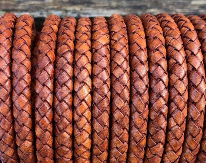 6.5mm Braided Bolo Leather Cord - Distressed Light Brown - Genuine Indian Leather Cord, By The Yard - LCBR6 - Distressed Light Brown #25