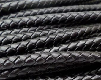 6mm Black Leather Braided Cord, 6MM Black Bolo Leather, Excellent European Quality, All Leather- No Filler, By The Yard LCBR - 6  Black #A