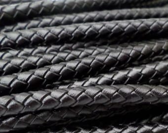 6mm Black Leather Braided Cord, 6MM Black Bolo Leather, Excellent European Quality, All Leather- No Filler, By The Yard LCBR - 6  Black #A