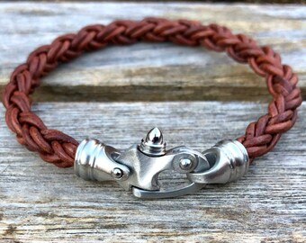 Mens Leather Bracelet With a Stainless Steel Mariner's Snap Shackle Clasp, Boyfriend Gift, Gift For Him,  , CS-100 Auburn