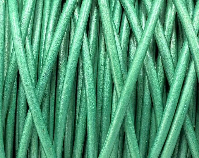 3mm Round Leather Cord - Metallic Mint Green Leather Cord - By The Yard - LCR3 - Metallic Mint Green #27