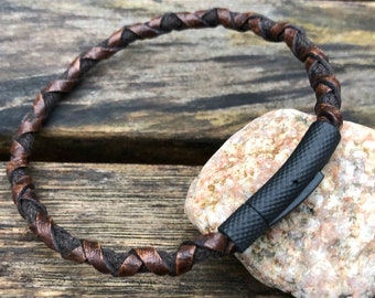 Men's Leather Bracelet, Premium Side Braided Leather With A Stainless Steel Locking Clasp, Gift Under 20, CS-27