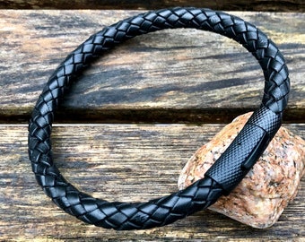 6mm Mens Leather Bracelet, 6mm Premium Black European Leather, Mens Bracelet, Masculine Leather Bracelet With Stainless Steel Locking Clasp