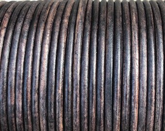 3mm Round Leather Cord - Distressed Dark Kona - Premium Leather Cord - By The Yard - LCR3 - Distressed Dark Kona #45