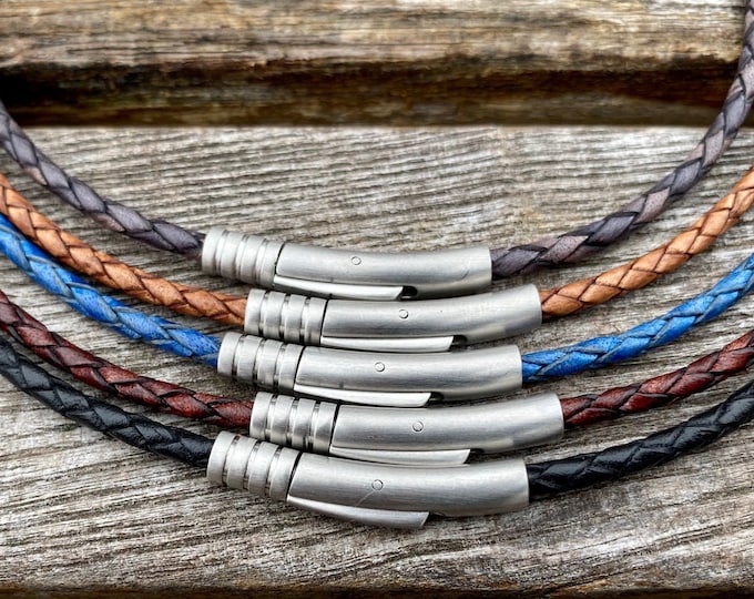 3mm Braided Leather Necklace, Premium European Leather Cord Necklace, Stainless Steel Clasp, Braided Leather Necklace, FREE SHIPPING USA