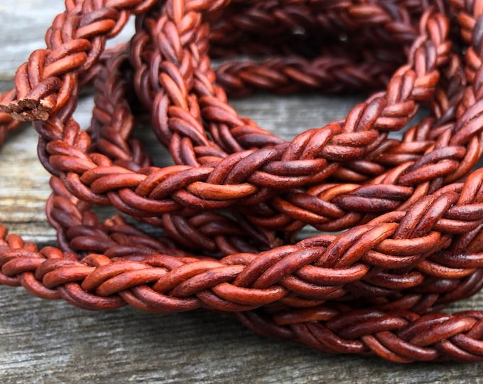 7mm Round Bolo Braided Leather Cord 8 Ply 7mm Auburn Color (Length: 1 Foot) LCBR - 1BB