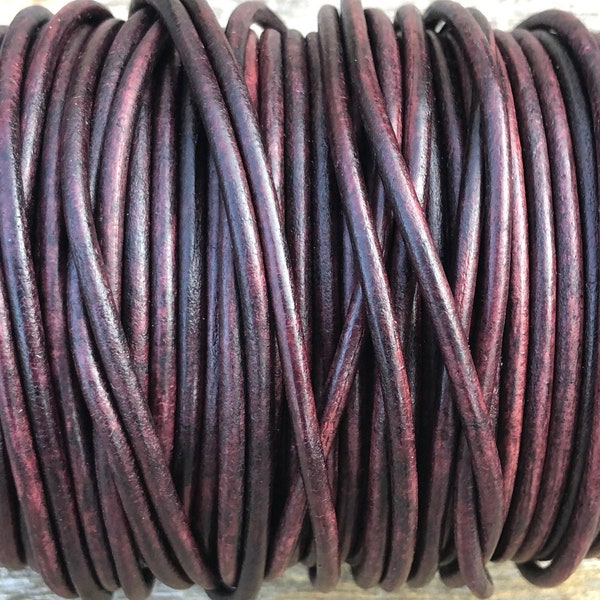 3mm Round Leather Cord - Antique Burgundy - Premium Indian Leather Cord - By The Yard - LCR3 - Antique Burgundy #35