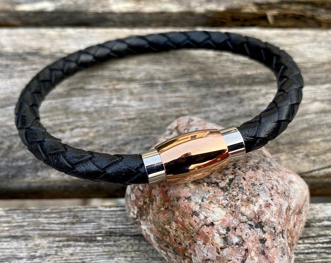 Mens Leather Bracelet With Strong Rose Gold Magnetic Clasp, Mens Bracelet, Braided Bolo Leather, Leather Bracelet, CS-Rose Gold
