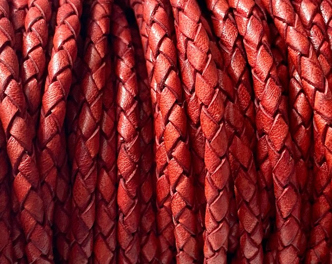 4mm Braided Leather - Red - Bolo Braided Leather Cord  By The Yard - 4mm Red Braided Leather - LCBR - 4  Red #28